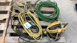 Assorted electrical extension cords short toe strap garden hose